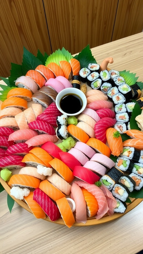 Delicious 60-Piece Sushi Platter Recipe A 60-piece sushi platter featuring colorful rolls, nigiri, sashimi, and garnished with vegetables on a wooden table.
